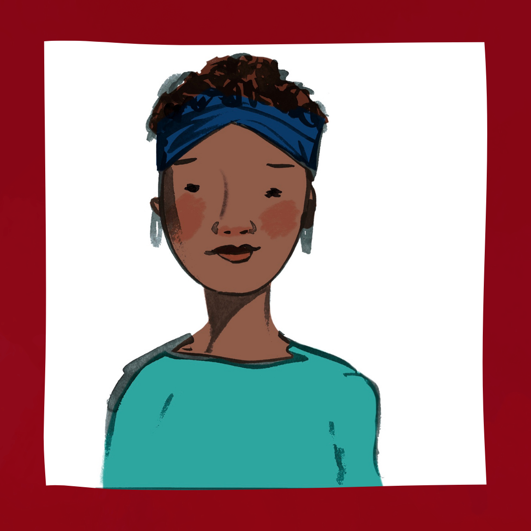 Portrait of Bess, a black woman in a blue-green shirt.