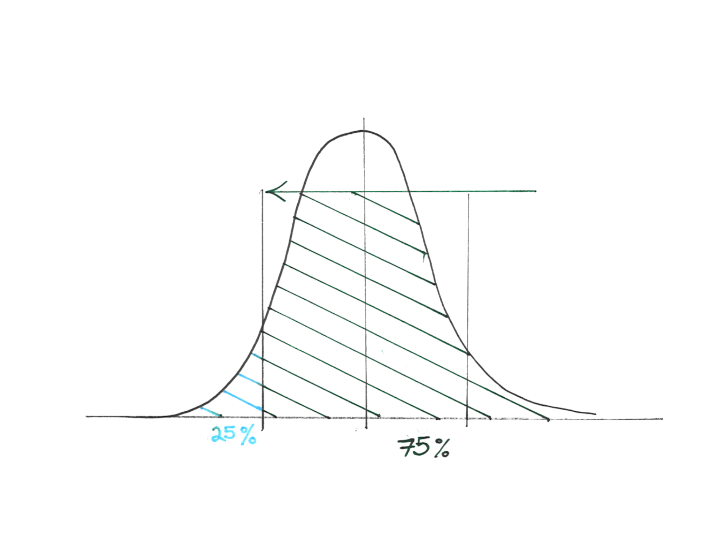 A bell curve divided in 75% and 25%.