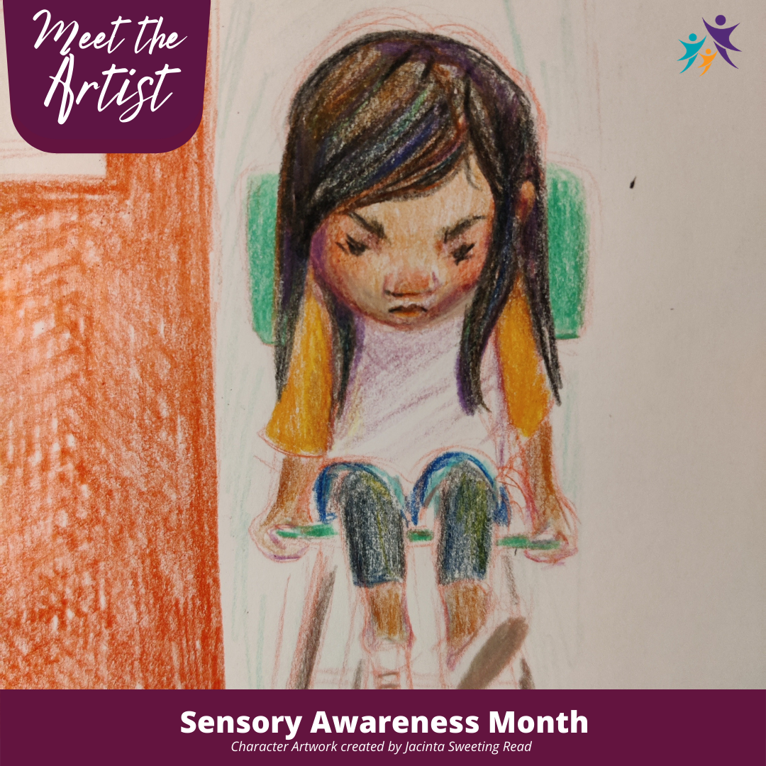 A pencil drawing of the character known as Laura from the Sensory Awareness Month stories. She is sitting on a chair outside a door with her head down, looking upset.