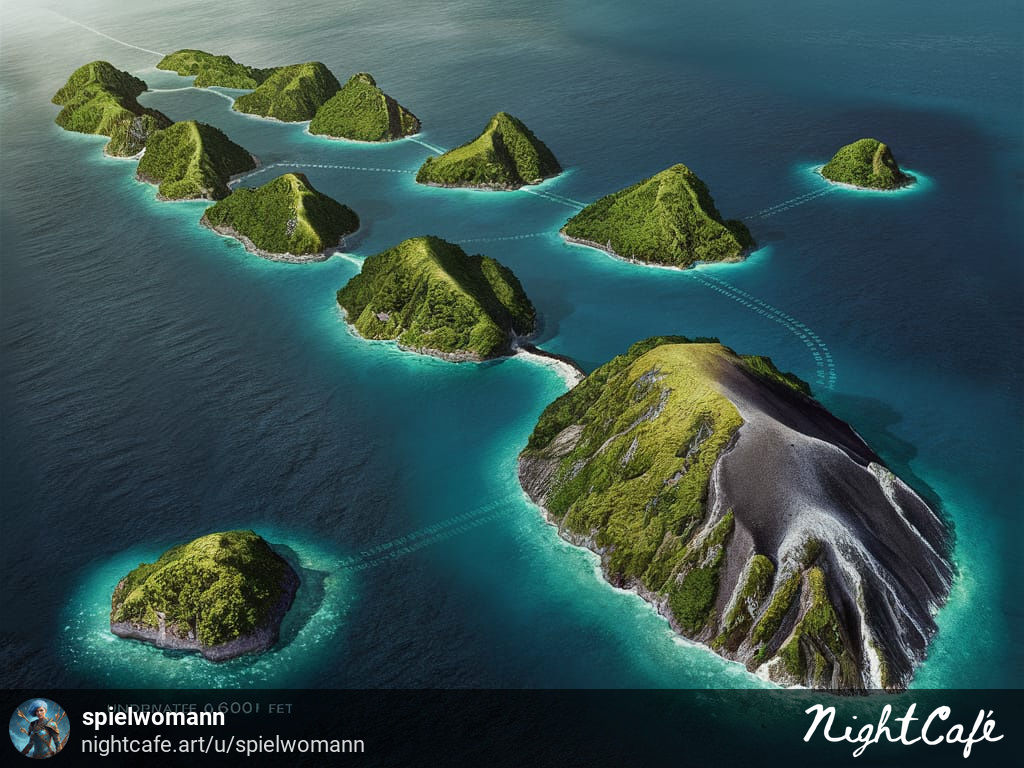 A NightCafe AI generated image of island archipelagos using ideogram 1.0. The image shows lush green islands in a blue ocean. The islands are organized in 2 somewhat perpendicular lines.
