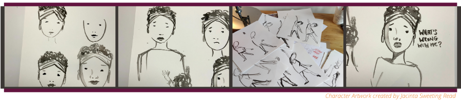 A strip of illustrations showing the character Bess who wears a headwrap and hoop earrings.