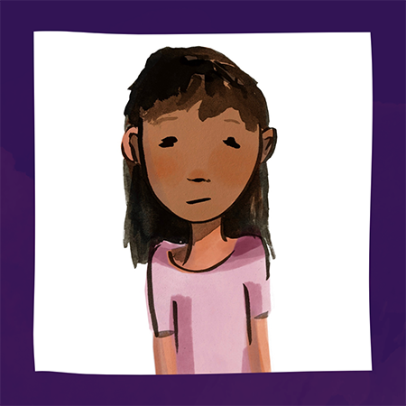 Cartoon drawing of Laura; young girl with shoulder length brown hair and a pink shirt