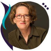 Headshot of Kathy Platzman, a fair skinned woman with short gray-red hair wearing glasses and a dark olive top, shown in a circular crop with a teal and purple decorative swoosh graphic elemen