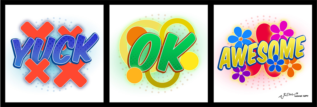 A grid of three graphics outlined in a heavy black line. On the left side the graphic is of four red crosses and the word YUCK in purple letters. In the middle are yellow circles and dots and the word OK in big green letters. On the far right is flowers of different colors and the word AWESOME in yellow letters.