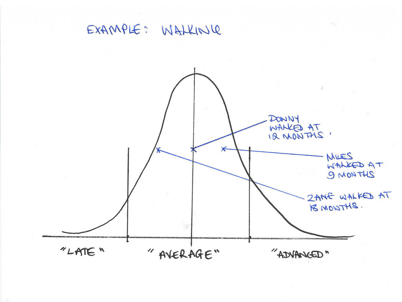 A bell curve chart where the middle 68% of the population is delineated as 'averagely developing', the bottom 25% are labelled 'late' and the top 25% are labelled 'advanced'. The graph is black and there are three light blue X's marked in the 'average' section. One has the nameZane connected to it and it says "walked at 20 months", one says Donny and it says "walked at 12 months", and the final X says Miles "walked at 9 months". 