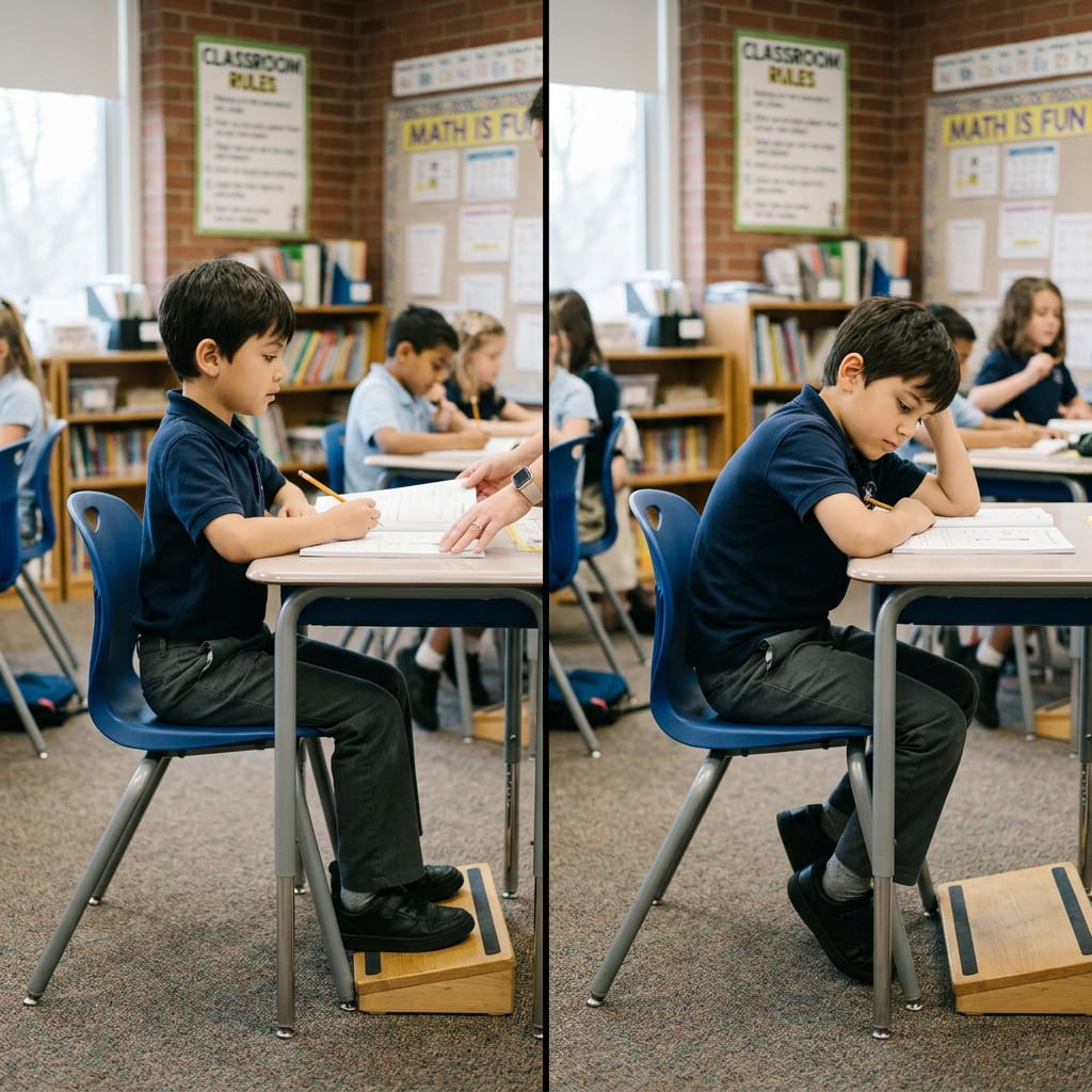 A realistic classroom scene showing the same child in two moments side by side. On the left: a young elementary-aged child sitting “correctly” in a chair at a desk in a 90-90-90 posture. On the right: the same child two minutes later, visibly slouched, pelvis slid forward and tilted backwards, spine rounded, legs wrapped around the chair legs, one foot hooked, body leaning.
