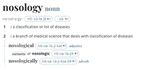 Screen Shot of the definition of noslogy from the Merriam Webster website. The text reads: no·​sol·​o·​gy (pronunciatino nō-ˈsä-lə-jē ) 1 : a classification or list of diseases 2 : a branch of medical science that deals with classification of diseases