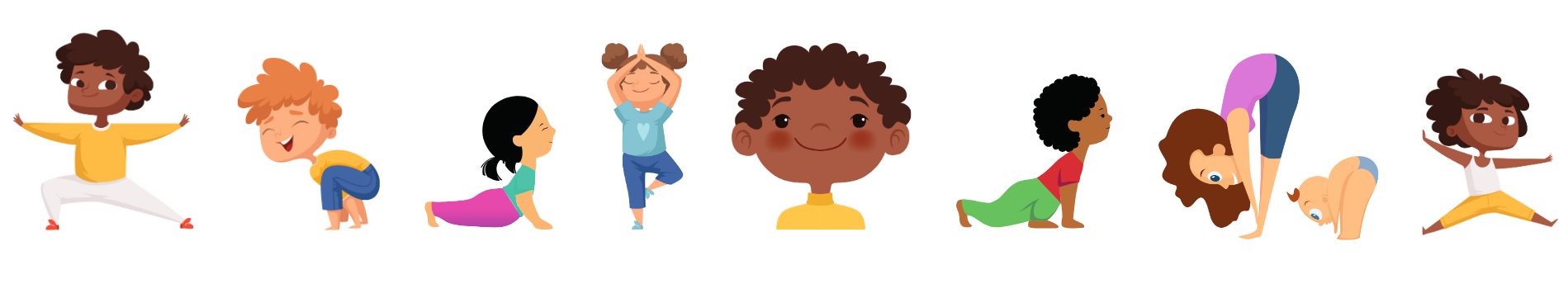 graphics of children in different yoga poses with different hairstyles, skin and hair color, and clothing