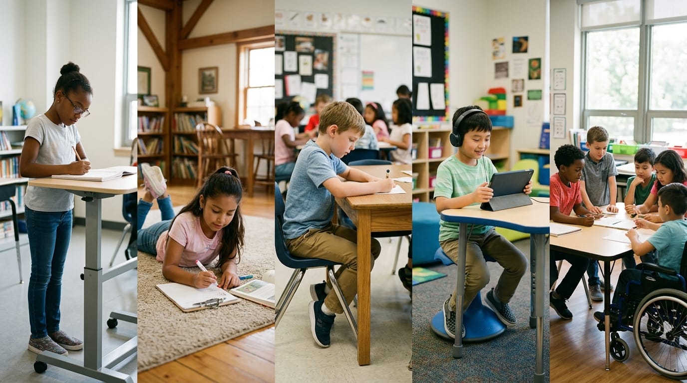 snapshots from different classrooms across the United States, showing diverse elementary school children engaged in learning in varied body positions that support attention, regulation, and participation.