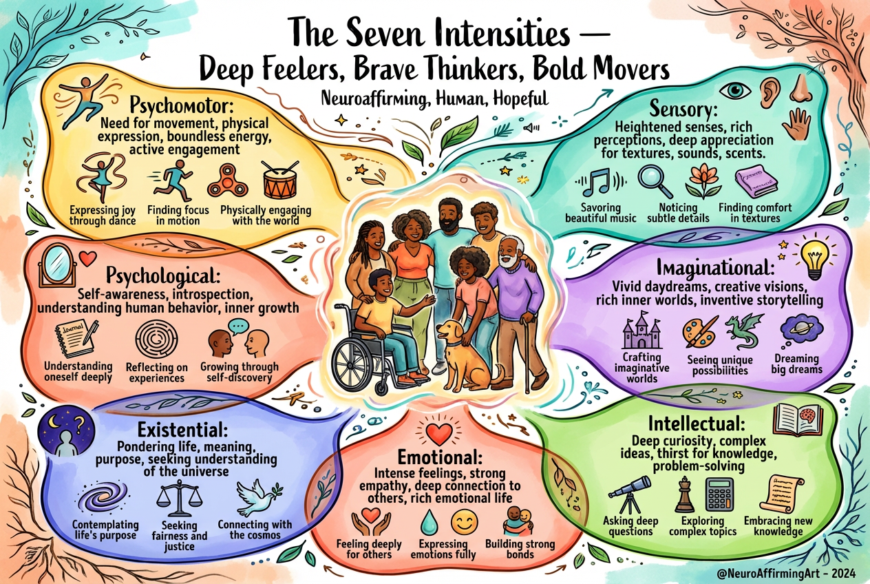 The  Seven  Intensities — Deep  Feelers,  Brave  Thinkers,  Bold  Movers.” A diverse group of people of color, including individuals with visible disabilities, are connected around a bright central circle showing flowing lines of energy. Surrounding them are seven labeled sections: Psychomotor, Sensory, Imaginational, Intellectual, Emotional, Existential, and Psychological. Each section includes short handwritten affirmations, tiny doodles such as hearts, stars, and movement lines, and supportive phrases about curiosity, creativity, empathy, and connection. The overall look is lively, inclusive, and sketch‑like, celebrating human diversity and neuroaffirming ideas that intensity is strength, not excess.