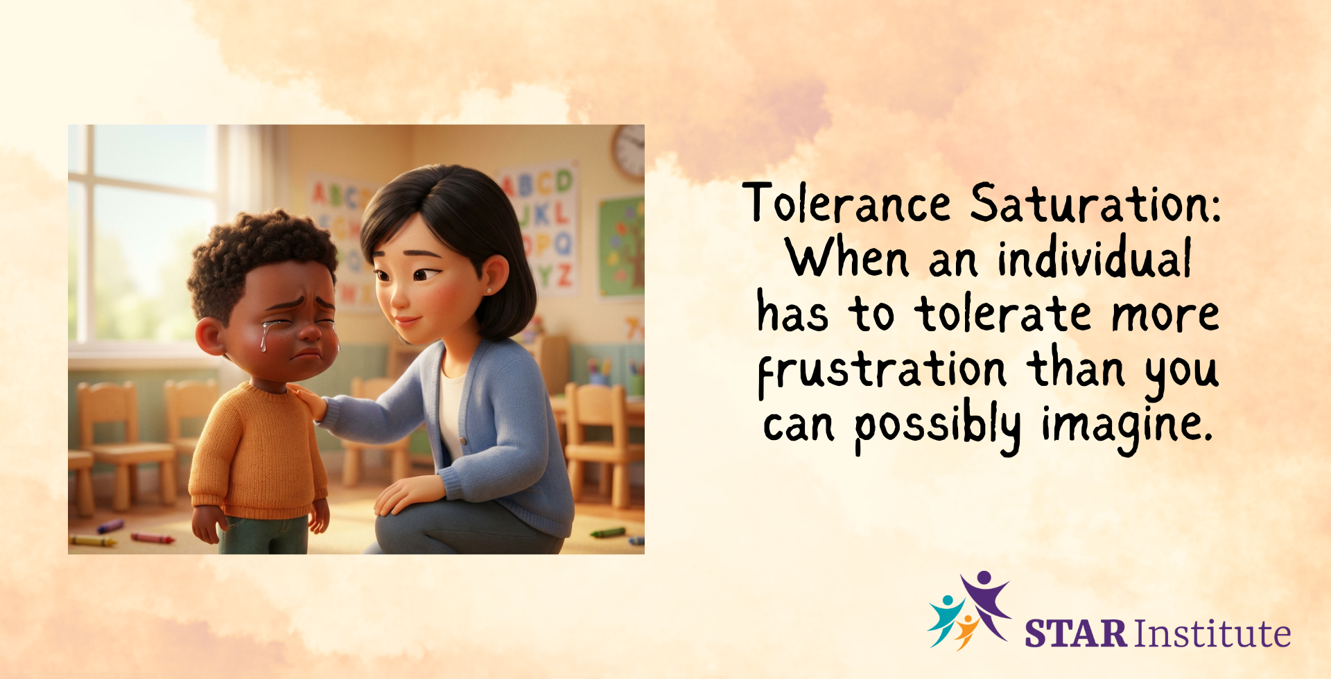 3D animation style image of medium close-up/portrait of a preschooler of color mid-meltdown, gently comforted by his Asian teacher who is kneeling to his level and resting a calm hand on his shoulder