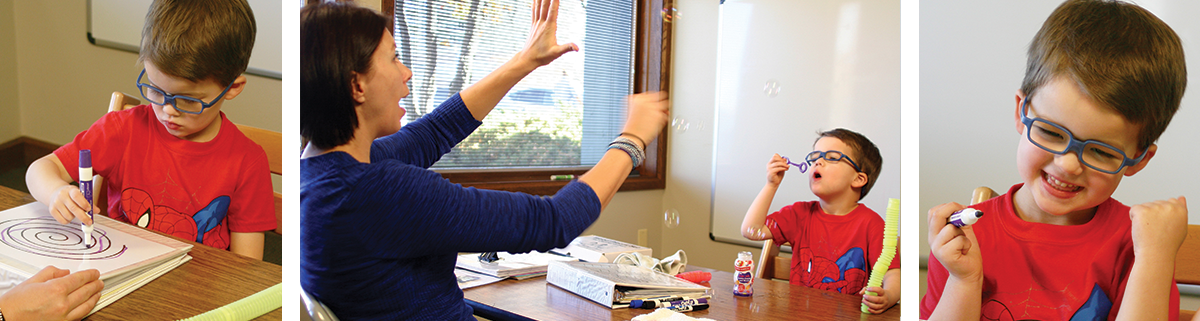 three pictures of a child: tracing a spiral with a purple marker, blowing bubbles while the therapist tries to catch them, holding a marker in their right hand, while smiling and making a "victory" action with his left arm