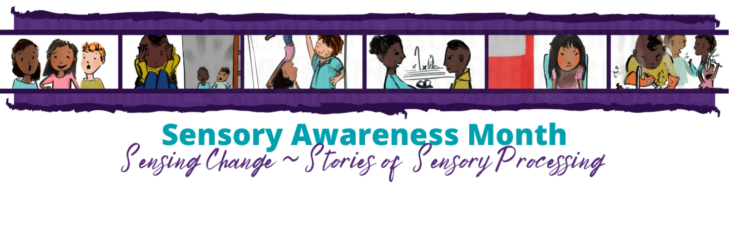 A banner showing multiple illustrated pictures of the characters in the sensory awareness month stories. 