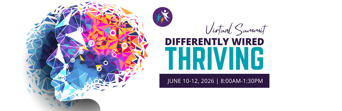 Colorful head in triangles with text Virtual Summit Differently Wired Thriving