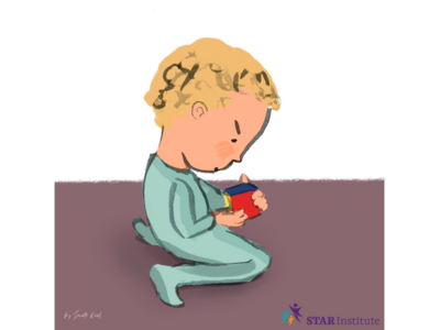 A drawing of a young blonde child in a turquoise onesie, w-sitting on the floor and looking at a small red vehicle.