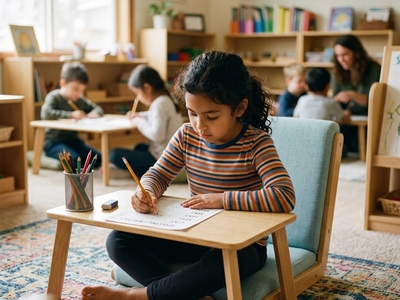 a young latinx elementary-aged student sitting in a supportive yoga floor chair, positioned on the classroom floor. They are sitting criss-cross with a low wooden table placed over their legs, working intently on a spelling worksheet. Student's posture is relaxed but organized, with natural spinal alignment and subtle engagement through trunk and shoulders. Student appears deeply focused and calm, fully engaged in learning.