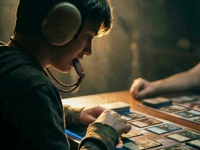 A youth with ear defenders and a chewable pendant from a necklace around his neck is playing magic the gathering at a table. You can only see one hand from his opposition. He is lit from behind.
