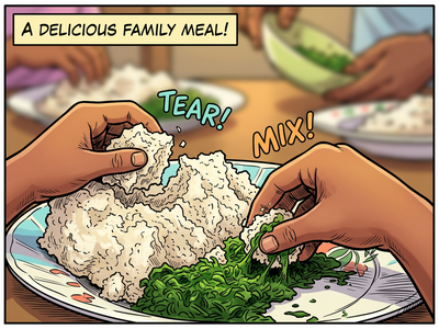 A graphic novel style image of hands enthusiastically eating an meal consisting of ugali and sukuma at the dinner table.