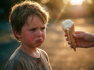 A caucasian presenting young boy is presented with a slightly melting vanilla ice cream in a cone on a hot day. His bottom lip sticks out as he shows obvious displeasure with something about the situation.
