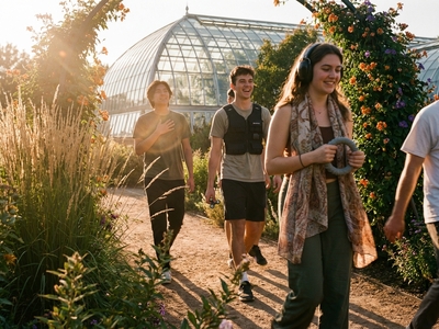 Four youth walk through Denver Botanical gardens at golden hour. One holds a rubber ring that she is squeezing, and wears ear defender, another has a compression vest on.