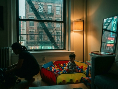 A child sits in a small store-bought ball pool in an apartment (there is a fire escape outside the window), the corner of a couch is in the bottom left of the picture, a mirror rests against the wall. A lady (probably Mom) is crouching down in front of a radiator to the right of the frame.