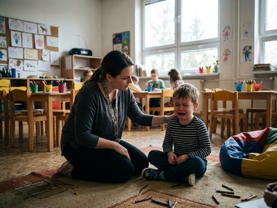 Classroom scene of a teacher kneeling down next to a caucasian appearing Kindergarten student crying / having a meltdown while sitting cross-legged