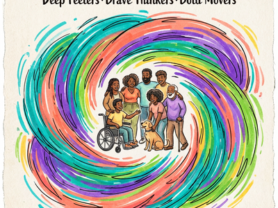 The Seven Intensities — Deep Feelers · Brave Thinkers · Bold Movers.” Diverse people of color encircle a swirl of vivid teal, coral, violet, green, and yellow lines symbolizing energy and connection. The texture looks hand‑drawn and imperfect, like real marker strokes on paper. The image feels warm, creative, and human, representing the beauty of intensity in different ways of thinking, feeling, and moving.