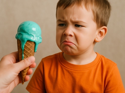 A male presenting caucasian child in an orange t-shirt looks very unhappy about the teal-colored ice cream held in front of his face. His mouth is turned downwards and he is frowning. 